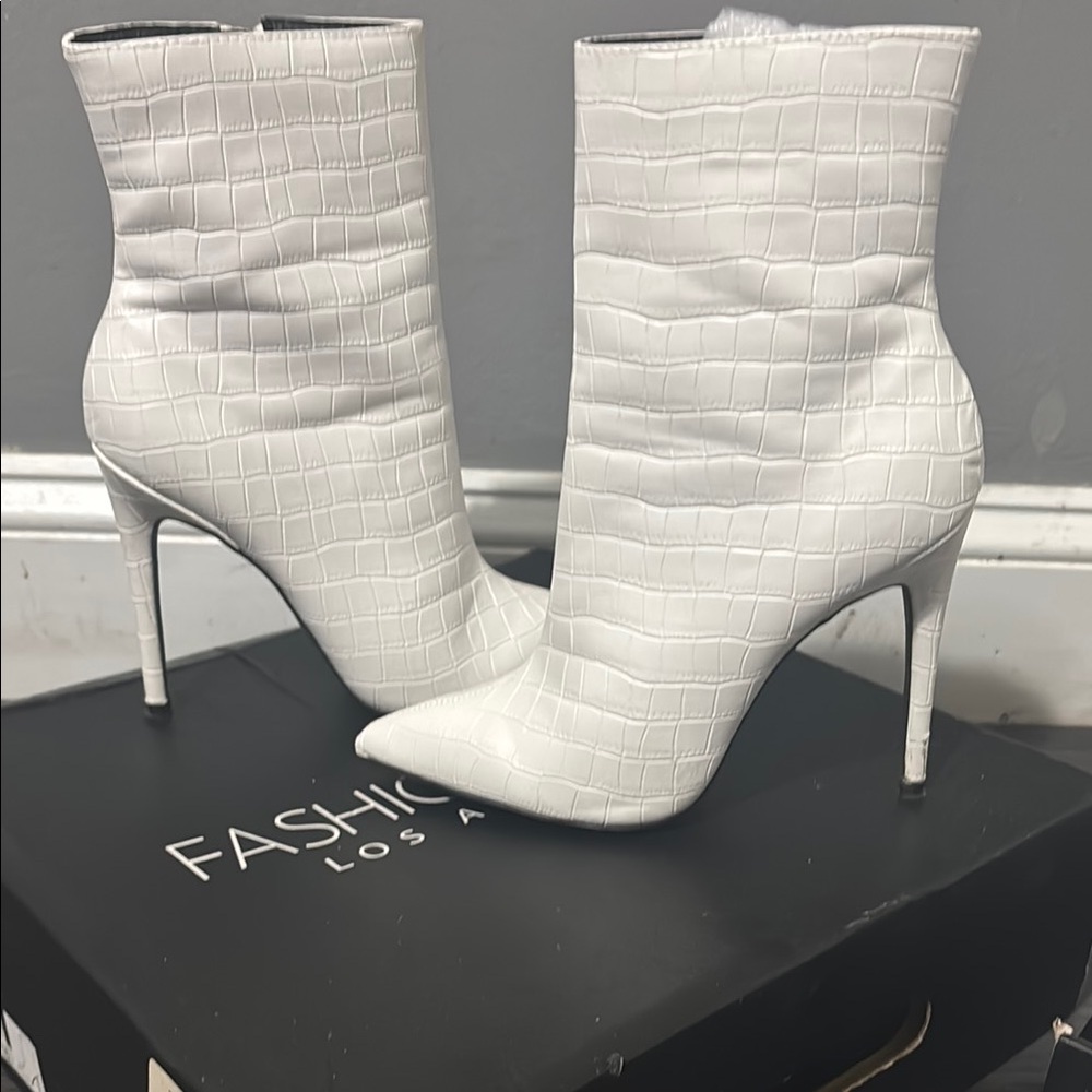 White Croc-Embossed Ankle Boots